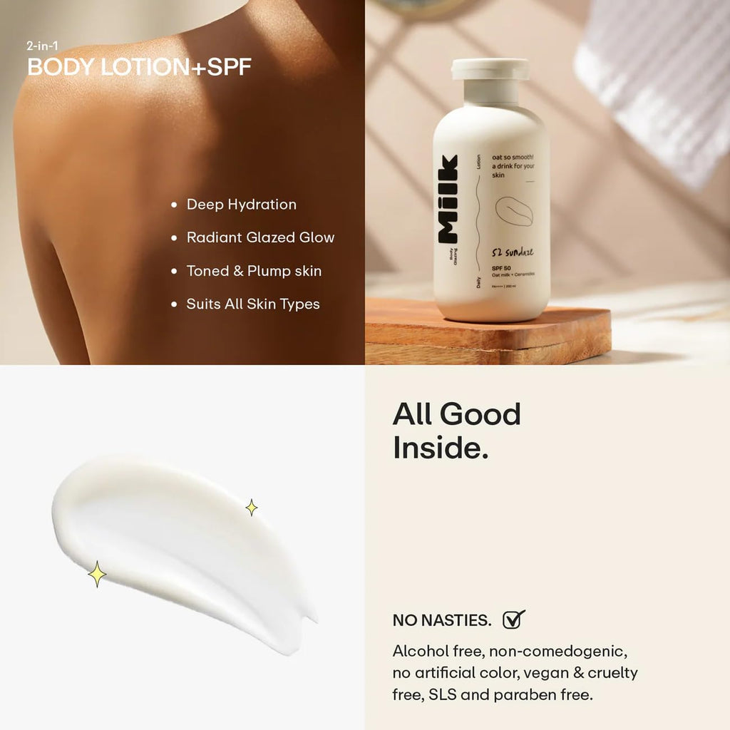 52 Sundaze Body Glazing Milk SPF 50 PA++++ | Hydrating Sunscreen Body Lotion with Oat Milk, Ceramides & Niacinamide | Lightweight Quick-Absorbing Formula | Non-Sticky, Non-Greasy Finish | Reduce Tan | No White Cast | All Skin Types | 200 ml