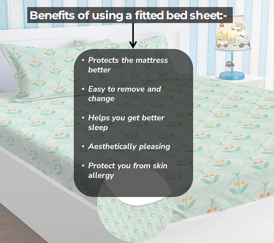 Homekart Premium Cotton Elastic Fitted Bedsheets with 2 King Size Pillow Covers Double Bed Flower Print Light Green Orange 200 tc - 220 tc