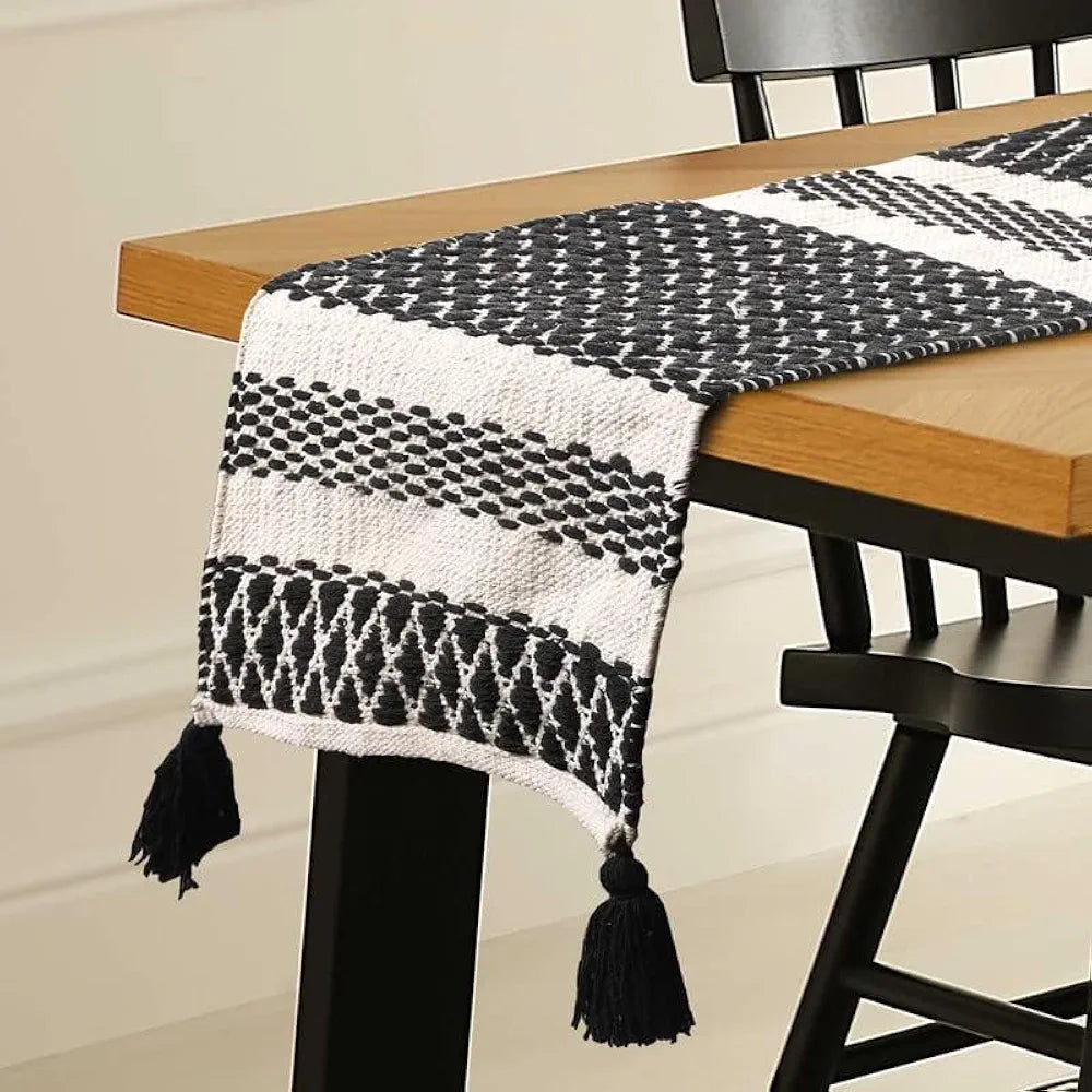 Sashaa World Handwoven Cotton Table Runner Colour Black and White
