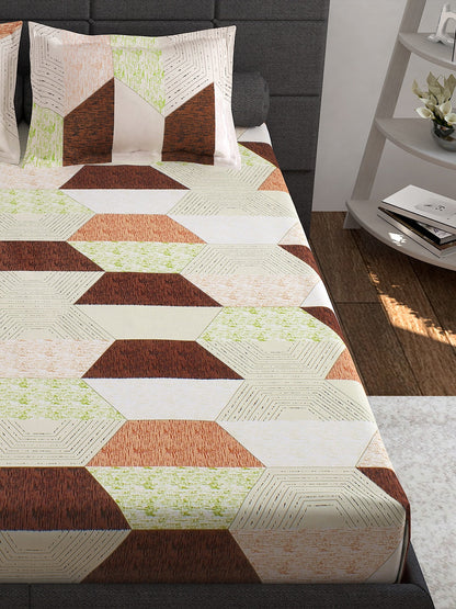 Story@home Cream-Coloured Geometric 152 TC Cotton 1 Queen Bedsheet with 2 Pillow Covers