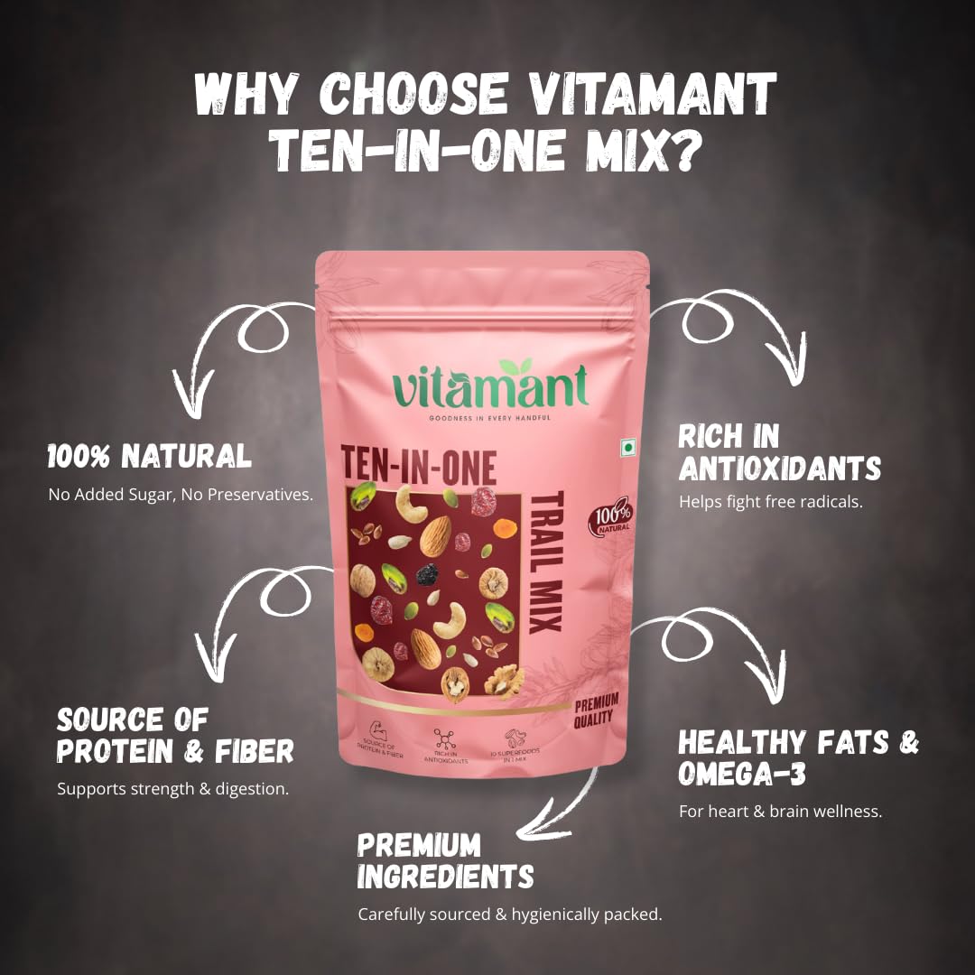 Vitamant 10-in-1 Trail Mix | Premium Mixed Dry Fruits, Nuts & Seeds | Healthy Snack | No Added Sugar | Natural Energy Booster | 250g
