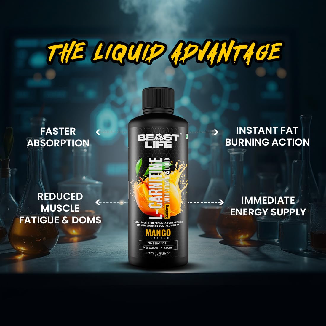 BeastLife L-Carnitine Liquid | 3300mg (Mango Flavor, 450 ml, 30 Servings) Converts Fat to Energy | Triple Strength Formula | Supports Weight Loss | With Vitamin B5 | No Added Sugar