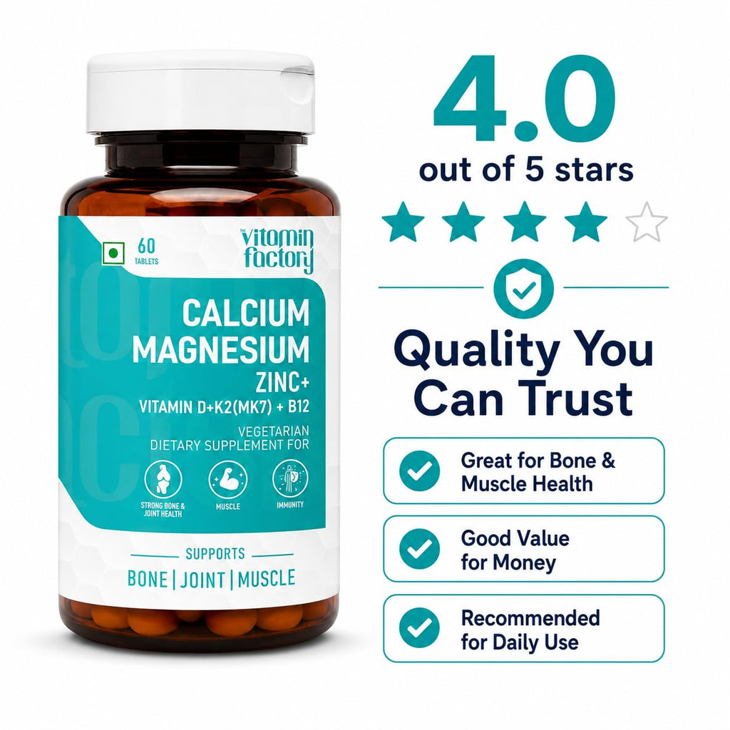 The Vitamin Factory Vitamin Factory Calcium Magnesium Zinc Tablets D3 K2 B12 | 60 Veg Tabs | 1000mg Calcium Citrate, gentle on stomach; bone, joint & muscle support for women & men; vegetarian, D3 K2 B12