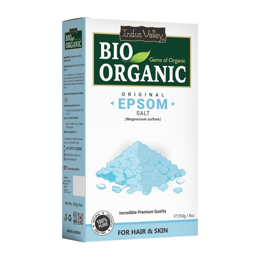INDUS VALLEY Bio Organic 100% Natural Epsom Bath Salt Crystal And Bath | For Muscle Relief, Relieves Aches & Pain| 250g | Magnesium Sulfate for Relaxing Bath, Foot Soaks & Plant Care