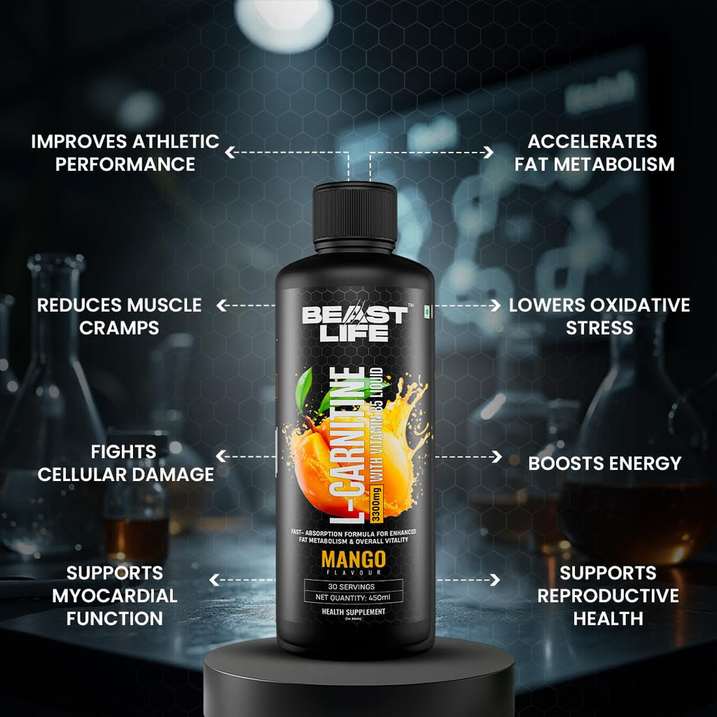 BeastLife L-Carnitine Liquid | 3300mg (Mango Flavor, 450 ml, 30 Servings) Converts Fat to Energy | Triple Strength Formula | Supports Weight Loss | With Vitamin B5 | No Added Sugar