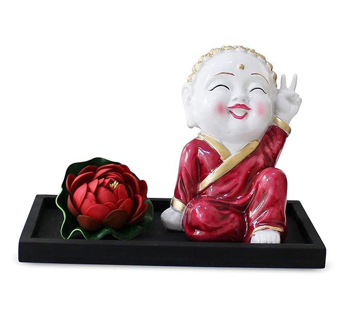 Tied Ribbons Buddha Monk Statue Showpiece with Flower and Wooden Tray Decorations Items