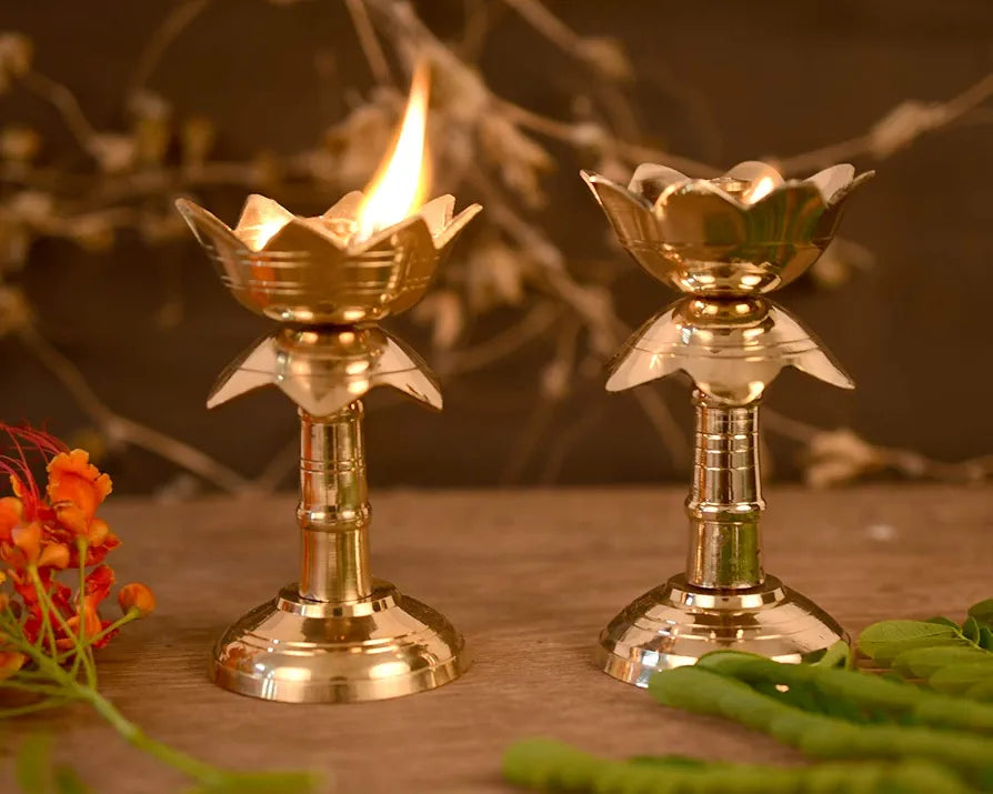 Collectible India Set of 2 Brass Diya for Puja Diya for Diwali - Lotus Shape Pillar Diya Stand Oil Lamp -3.8 Inch
