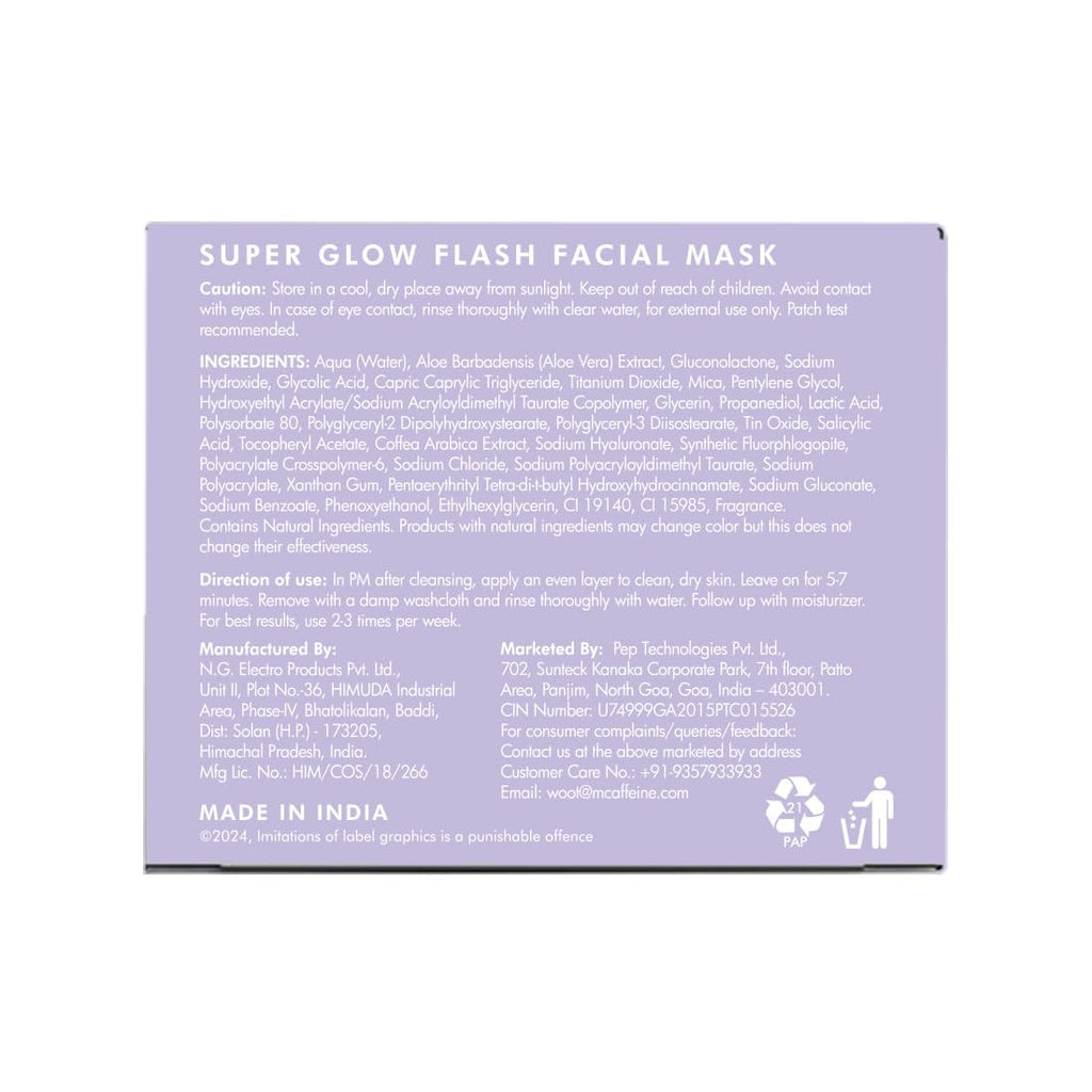 mCaffeine Super Glow Flash Facial 25% AHA+BHA+PHA Face Mask | 5 Mins Glow Face Pack | Instant Brightening & Hydrate Winter Skin | Unclogs Pores, Removes Blackhead & Dead Skin | Tan Removal | Color Changing Mask for Dry Skin- 50gm