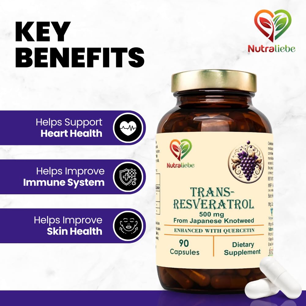 Nutraliebe Trans-Resveratrol 500mg with Quercetin & Black Pepper - Advanced Antioxidant Support from Japanese Knotweed, 90 Capsules