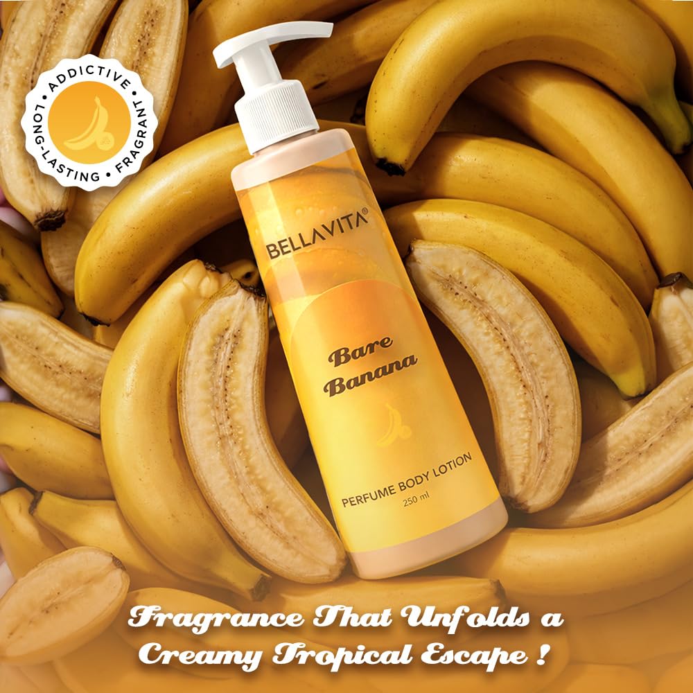 BELLAVITA Bare Banana | Perfume Body Lotion for Man and Woman | Long-lasting Hydration | Soft & Smooth Skin | Long-lasting Scent | Paraben-free | Infused with Cocoa Butter & Glycerin | 250ml