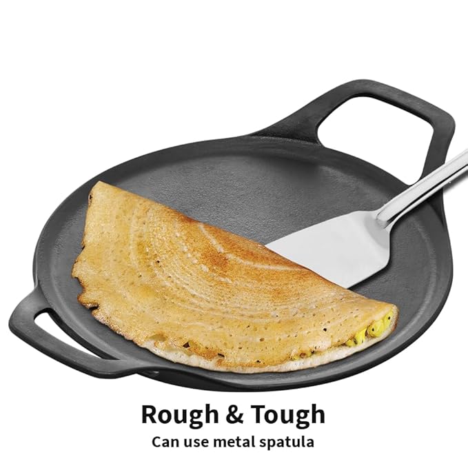 Hawkins Futura 27 cm Cast Iron Dosa Tava, Pre-seasoned Flat Tawa for Roti Black