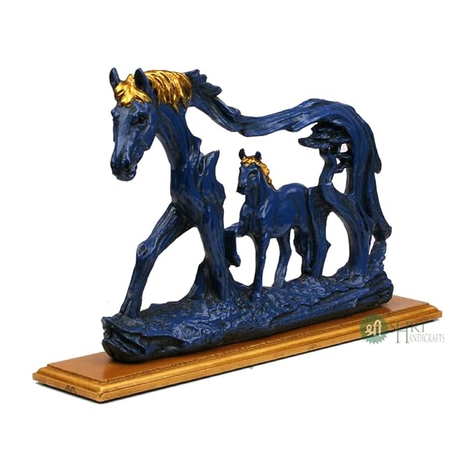 Indicast 8" Inch Handmade Horse Statue With Baby Horse Stone Finish Animal Figurines Gifts Antique Design | Blue