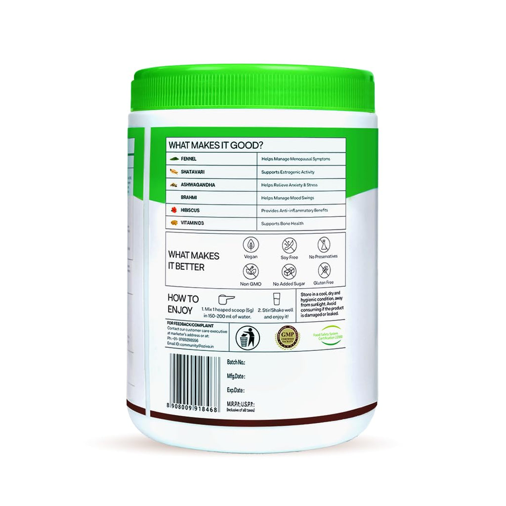 OZiva HerBalance Menopause Relief Drink, 250g (45 Days Pack) (With Black Cohosh, Lodh Bark & Licorice) for Better Hormonal Balance, Uterine & Vaginal Health, Certified