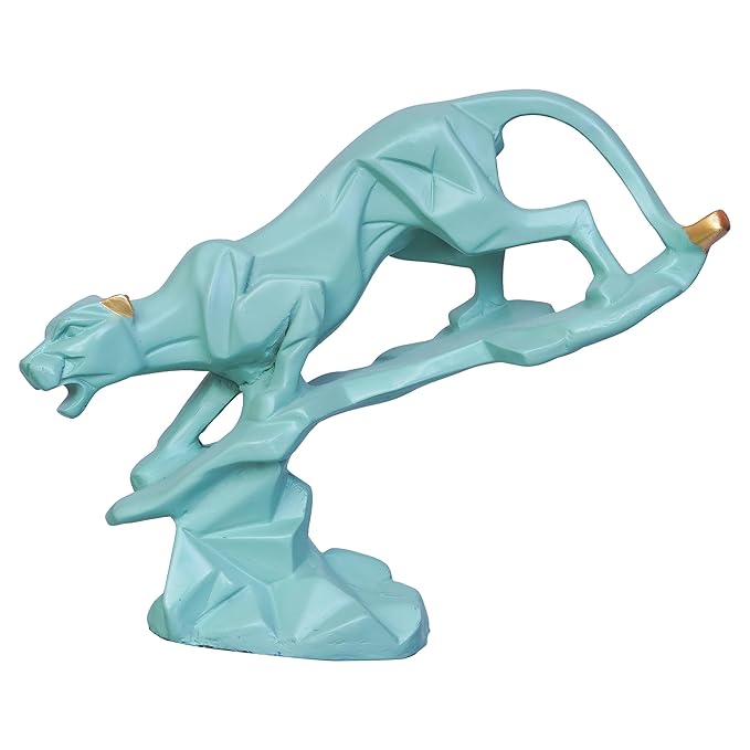 Ecraftindia Green Polyresin Black Panther Jaguar Statue on Rock Animal Showpiece