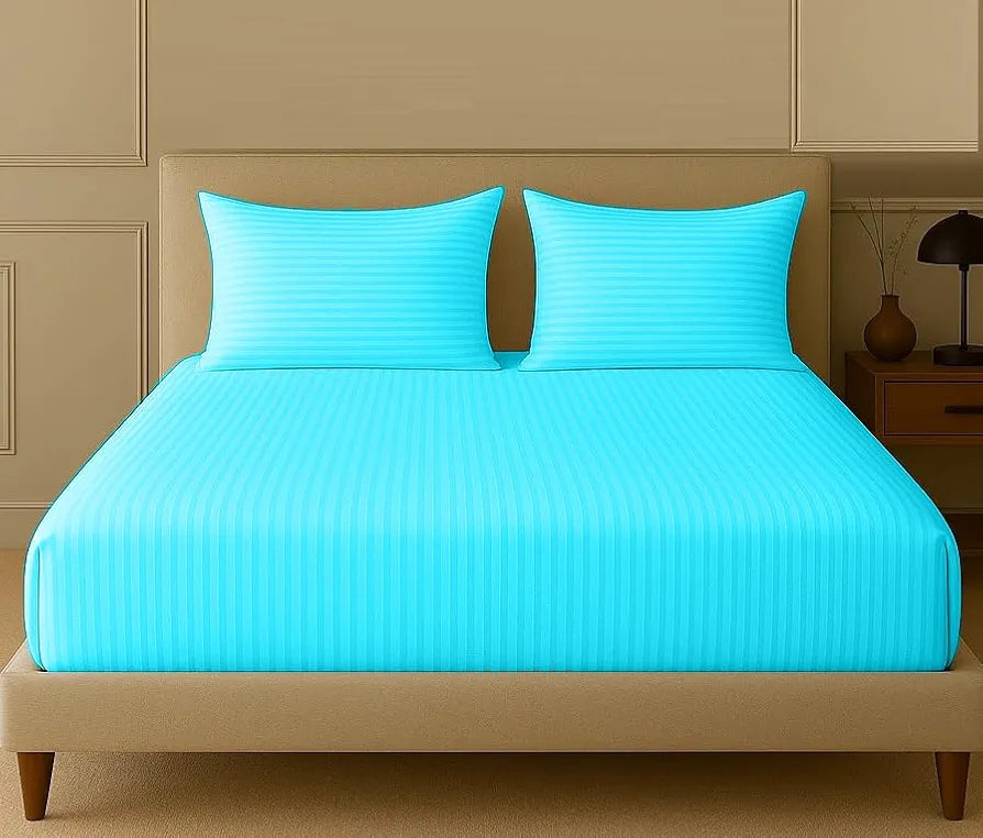 Trance Home Linen 100% Cotton 78x72 inch King Fitted 200TC Satin Stripe Elastic Fitted Bedsheet with 2 Pillow Covers Colour Aqua Blue