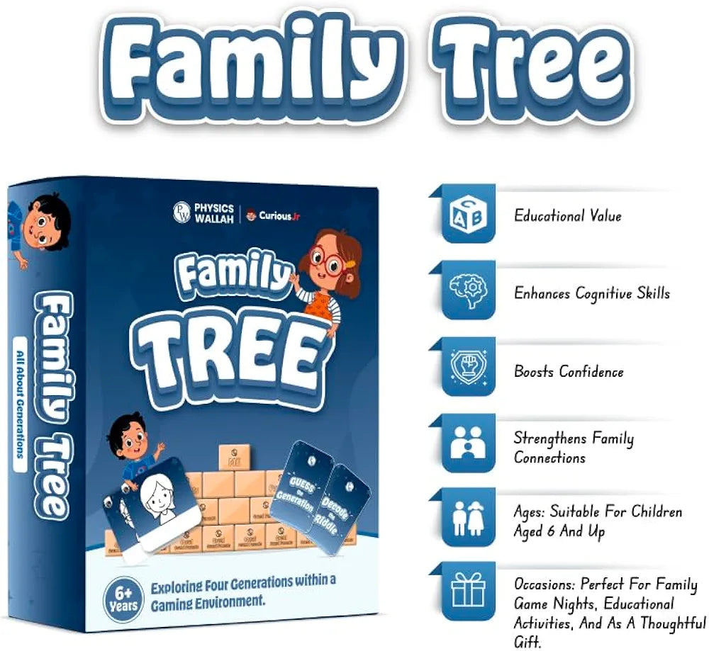 PW Montessori Toy Family Tree Game Kit for Kids Ages 4, 5, 6, 7, 8, 9, 10 Years with Clue Cards