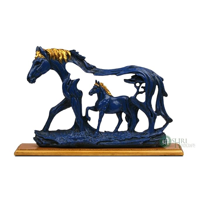 Indicast 8" Inch Handmade Horse Statue With Baby Horse Stone Finish Animal Figurines Gifts Antique Design | Blue