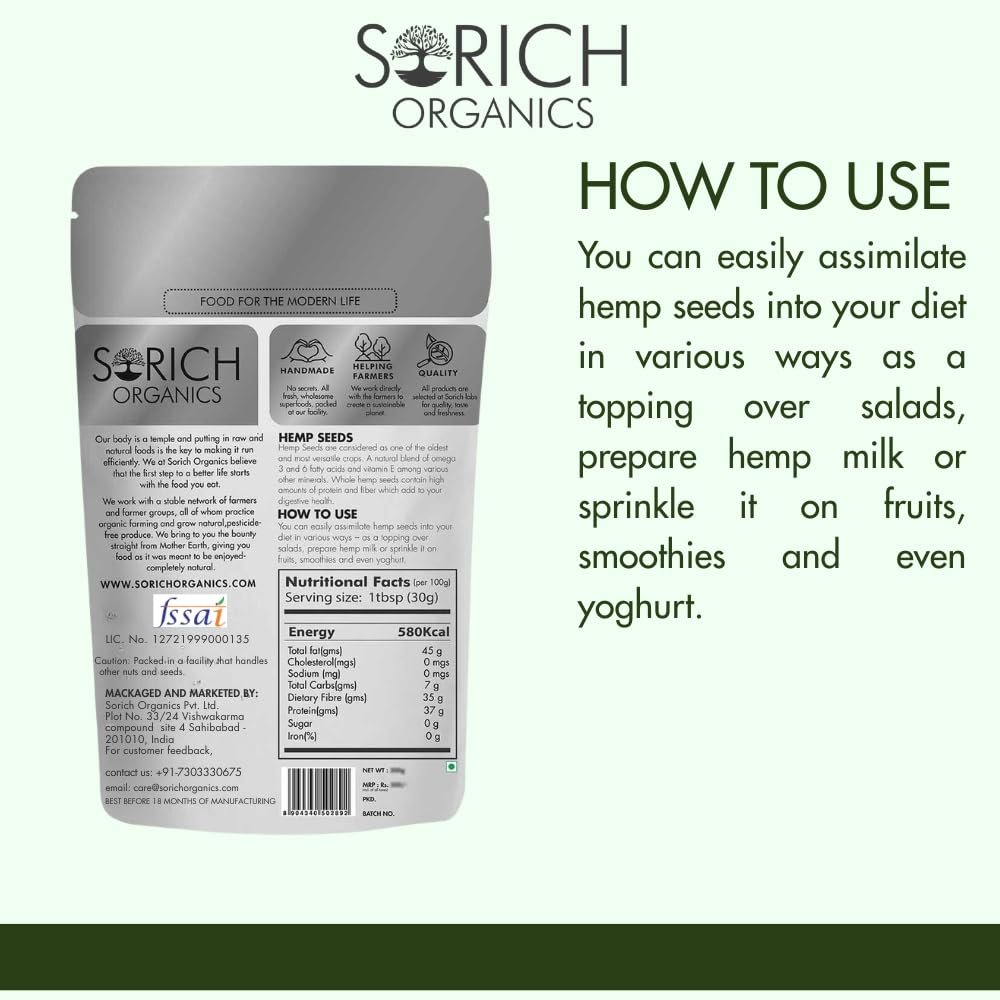 Sorich Organics Hemp Hearts Seed 200g – Raw, Shelled Hemp Seeds | High Protein, Omega 3 & 6 | Keto, Vegan, Gluten-Free Superfood, Great for Smoothies & Salads.