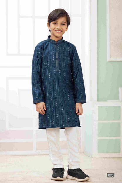 Raivat Ethnic Art Silk Embroidery Work Kids Kurta Pajama In Teal Green Colour