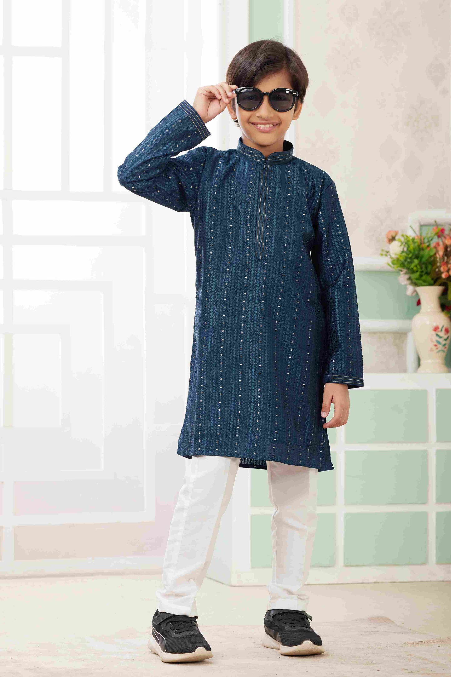 Raivat Ethnic Art Silk Embroidery Work Kids Kurta Pajama In Teal Green Colour