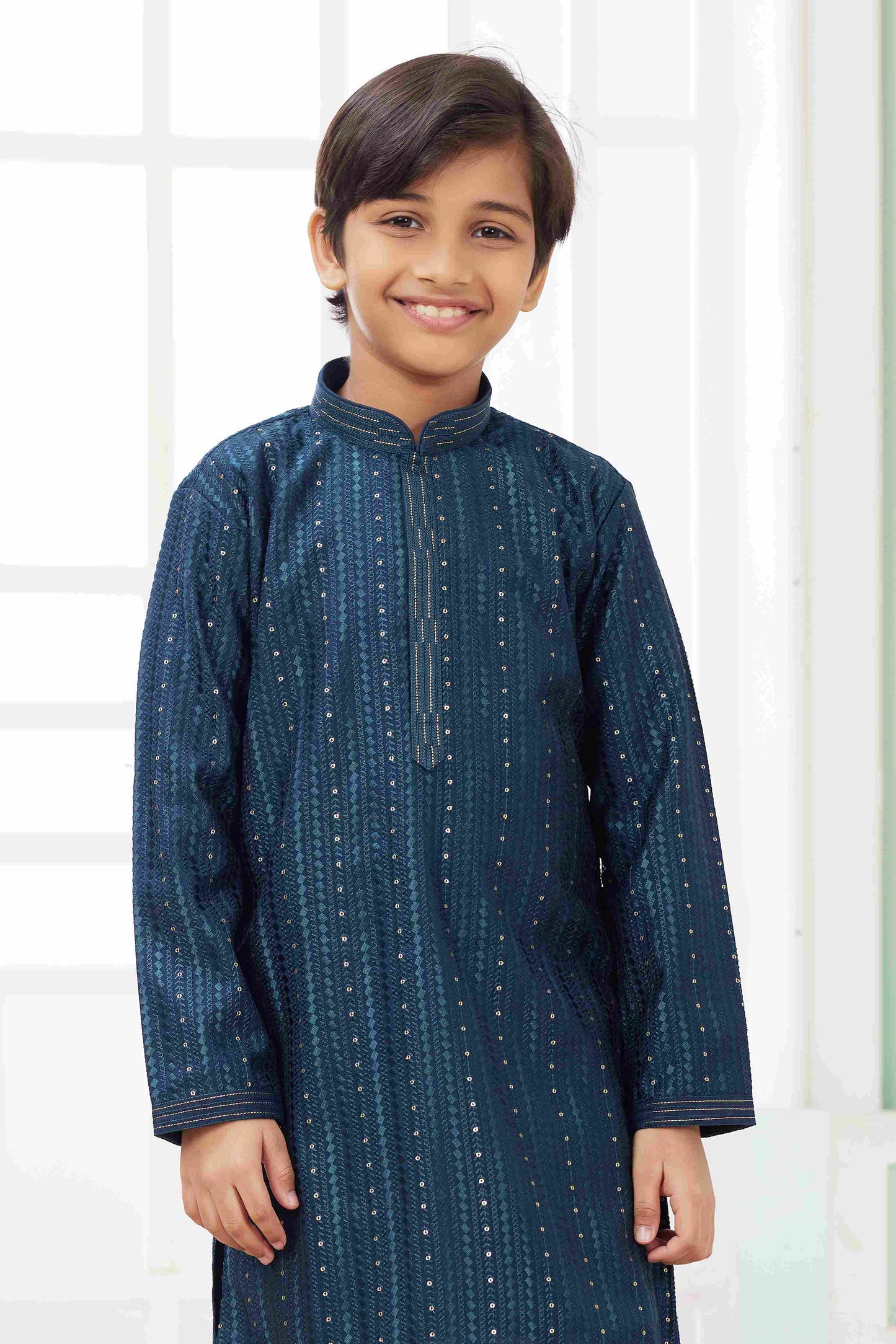 Raivat Ethnic Art Silk Embroidery Work Kids Kurta Pajama In Teal Green Colour