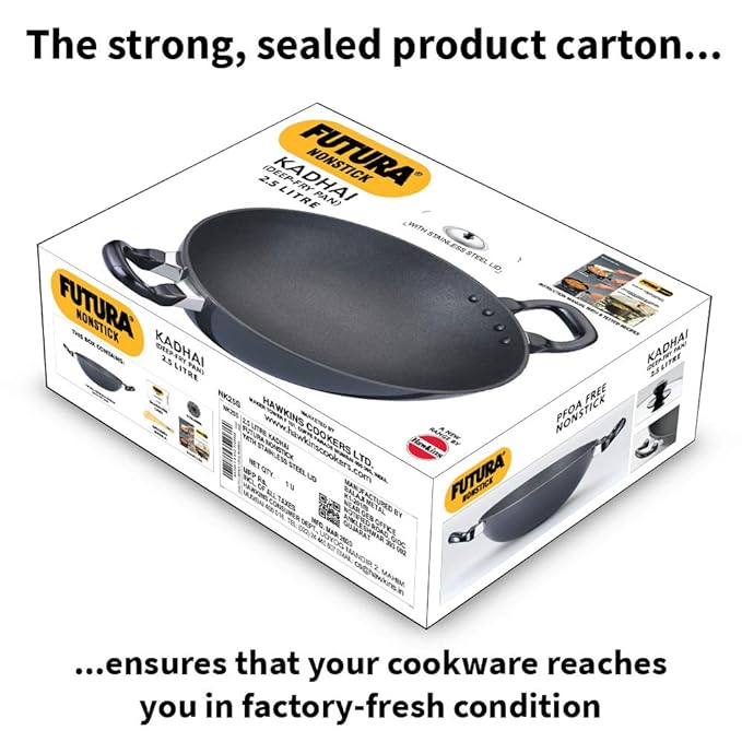 Hawkins Futura Nonstick Kadhai 2.5 L, 25 cm, 3.25 mm with SS lid (Black)