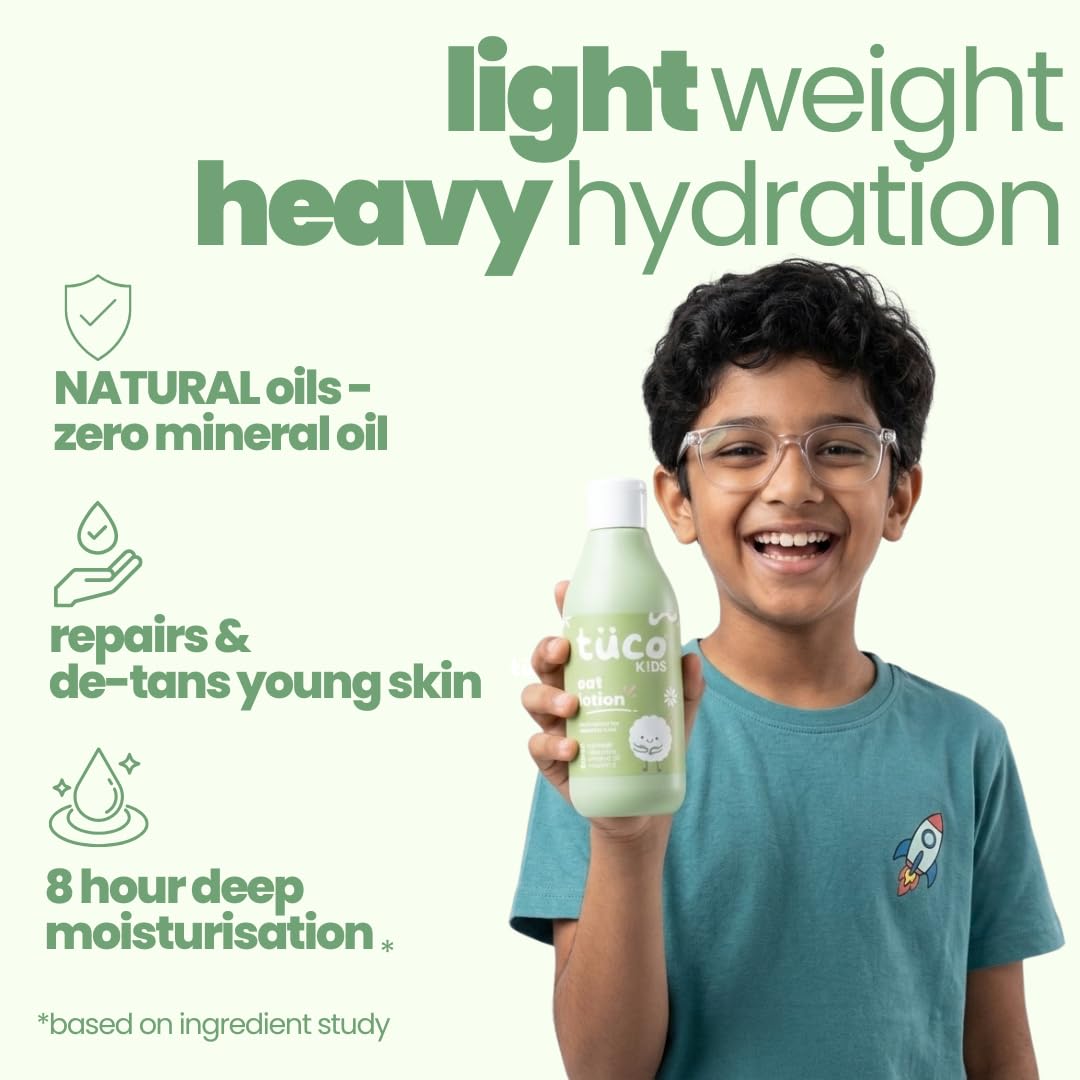 TucoÂ® Oat Body Lotion for Kids | 48Hrs Moisturization | 3-15 Yrs | Enriched with Vitamin E, Aloe Vera, Almond | Lightweight, Non-Greasy | All Skin Type | Dermat Tested | SLS & Paraben free | 300ml