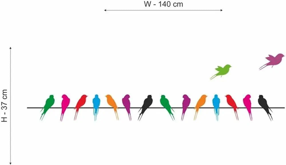 Decals Design Colourful Birds with Long Tail on Wire Wall Sticker