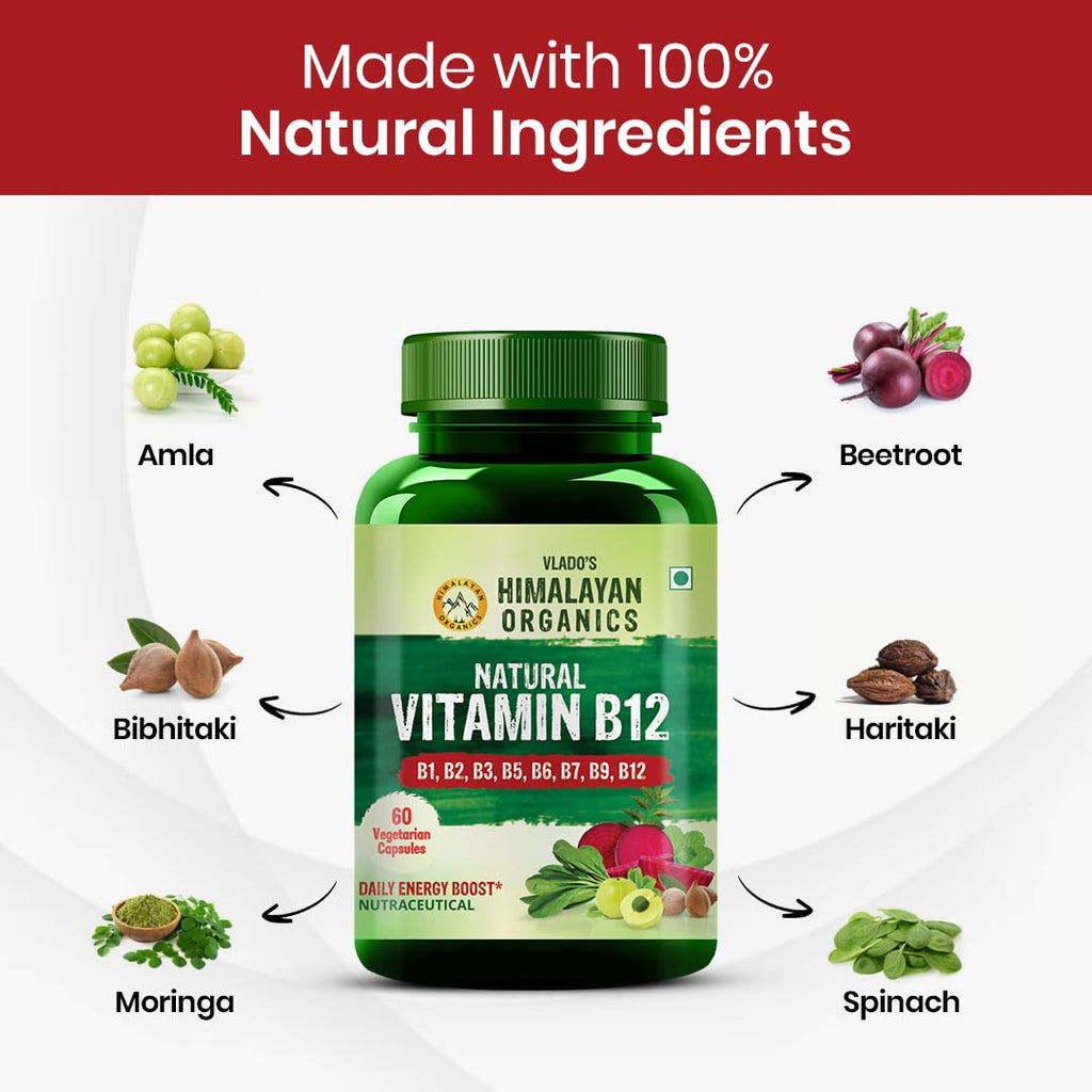 Vlado's Himalayan Organics Plant Based Vitamin B12 Supplement | B1,B2,B3,B5,B6,B7,B9,Moringa| Boost Energy Level | For Memory, Brain, Heart & Nervous System Support | B12 supplement for Men & Women - 120 Veg Capsules