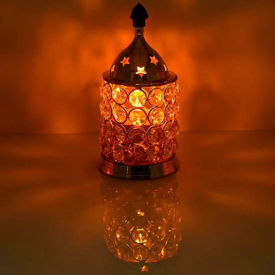 Shubhkart Nitya Crystal Deep Small Decorative Brass Crystal Oil Lamp Lantern Deep Jyot Diwali Tea Light Holder 180Gm