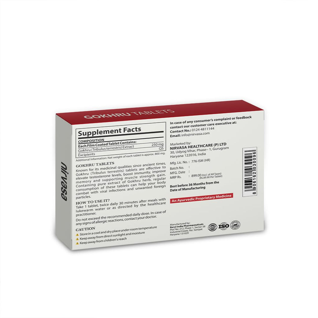 Nirvasa Gokhru Tablets for Men & Women (250mg, 10 Tab) | Natural Gokhru Extract (10:1) with Saponins & Tribulus Terrestris | Boosts Vitality, Rejuvenates Mind & Body, Enhances Vigour & Energy