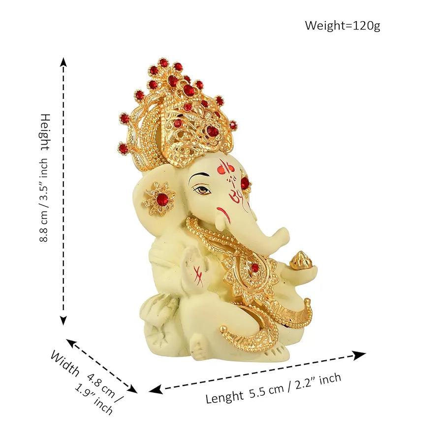 CraftVatika Ganesh Idol Murti Statue for Car Dashboard Ceramic Terracotta Gold Plated Cream