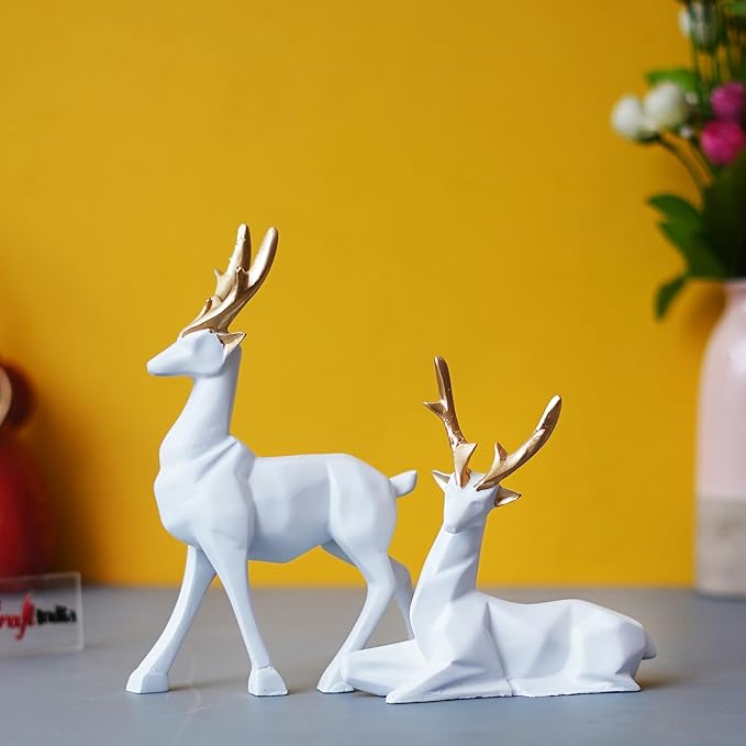 Ecraftindia Set of 2 Golden & White Reindeer Statues Animal Figurines Decorative Showpieces
