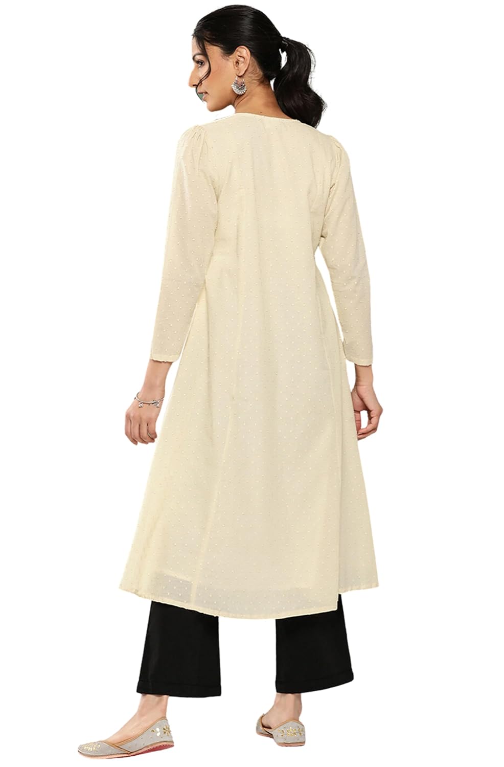 Janasya Women's Off White Dobby Cotton Solid A-Line Kurta