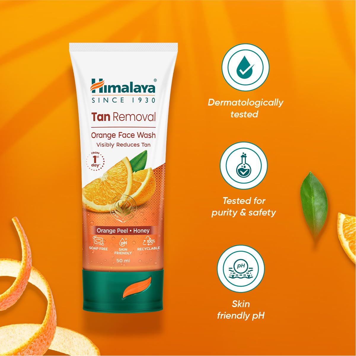 Himalaya Tan Removal Orange Face Wash | Deeply Cleanses & Reduces Tan | with Orange Peel, Papain & Honey | Exfoliates Dead Skin | Dermatologically Tested | For Men & Women | 50ml