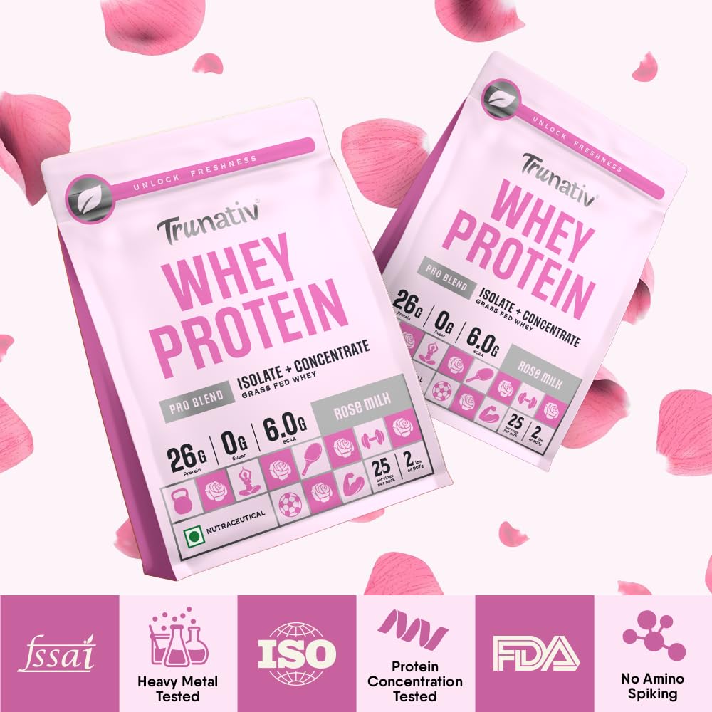 Trunativ Pro Blend Whey Protein Powder Isolate & Concentrate | 100% Light & Clean Protein Powder | 26g Protein | 6g BCAA | 12.52g EAA | No added sugar | Rose Milk 2lbs (907g)