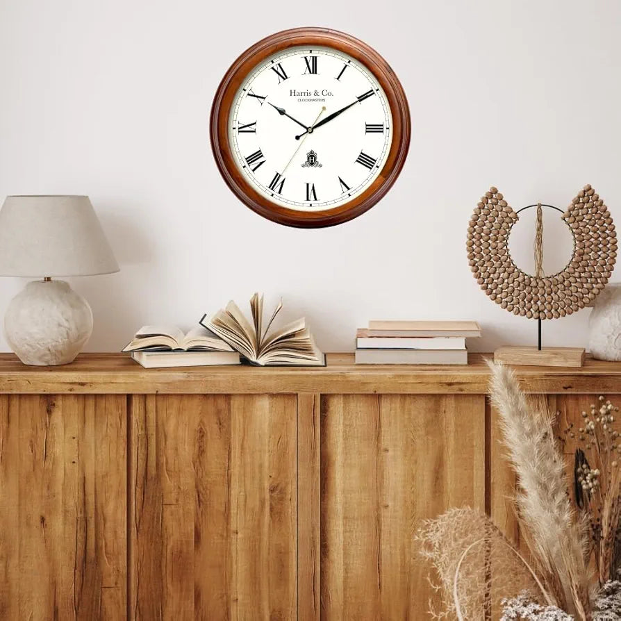 Harris & Co. Clockmasters Luxury Vintage Thick Wooden Frame Hd Clear Glass With Silent Sweep Noiseless Technology Roman Design Analog Wall Clock