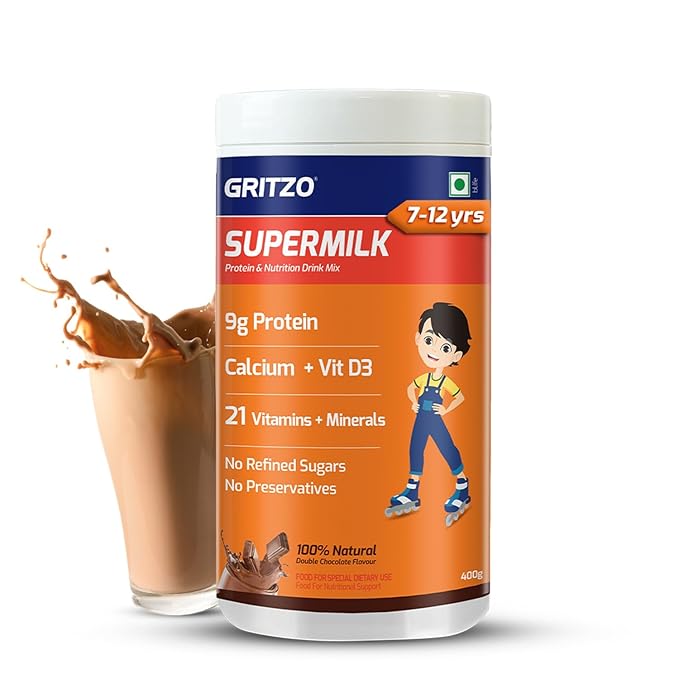 Gritzo SuperMilk Overall Growth (7-12y Boys) 9g Protein Powder Double Chocolate - 400 gms