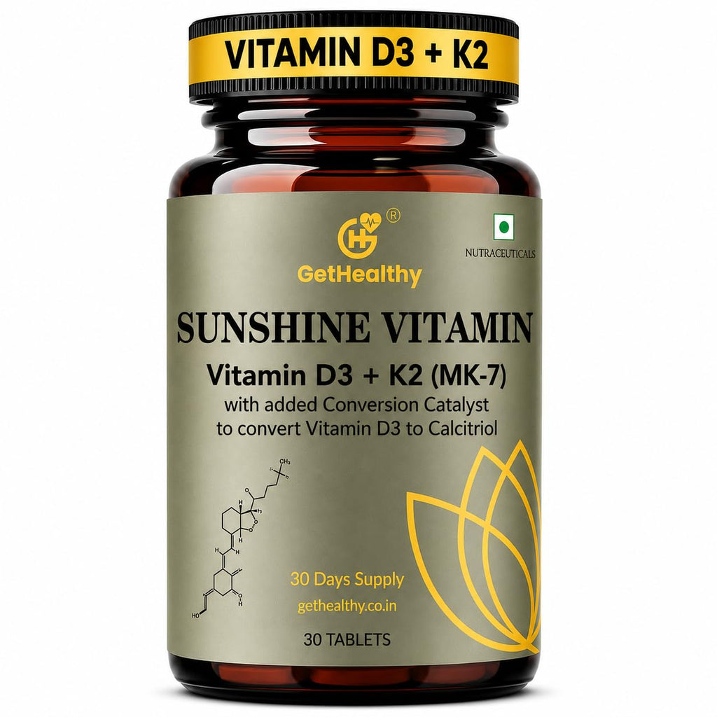 GetHealthyÂ® Sunshine Vitaminâ„¢ | Vegan Vitamin D3 K2 MK7 Tablets | 600 IU Vitamin D3 + K2 Supplement for Bone, Heart & Immune Support | 30 Day Supply | Third-Party Lab Tested