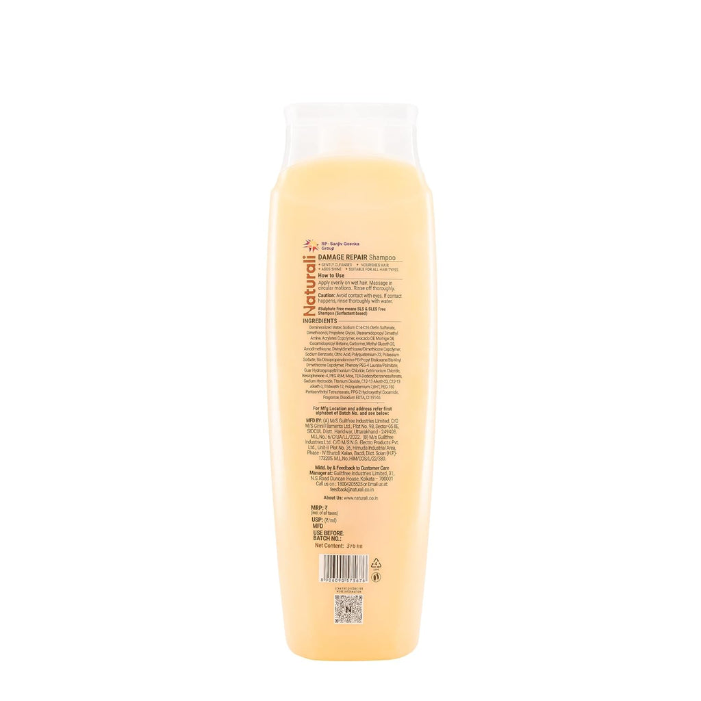 Naturali Damage Repair Shampoo | Improves Damaged Hair In Just 4 Uses | With Avocado & Moringa Oil | Sulphate Free | For Women | Shampoo for Frizzy and Dry Hair | Paraben Free | 370 ml