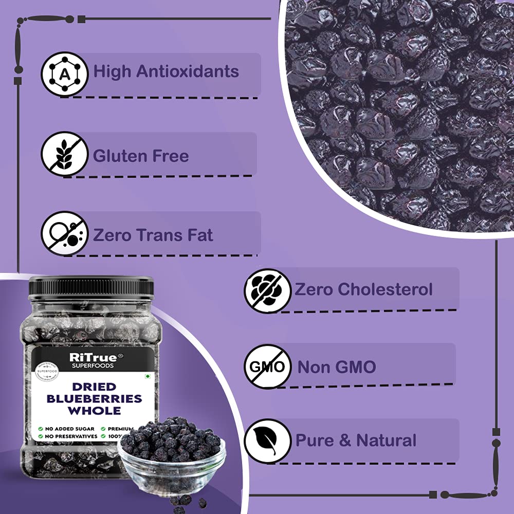 RiTrue - Original No Refined Sugar Blueberry (Seedless) - 250 Gm Jar - No Additives Blueberries Dry Fruits blue berry