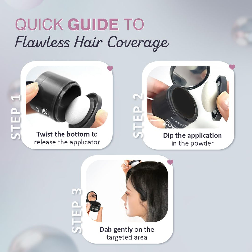 Glamveda Cover-Up Hair Powder Black | Instantly Covers Grey Roots, Bald Spots & Thinning Hair | Hairline Filler for Fuller & Denser Looking Hair | Highly Pigmented Matte Finish | Long-Lasting Coverage | 4g