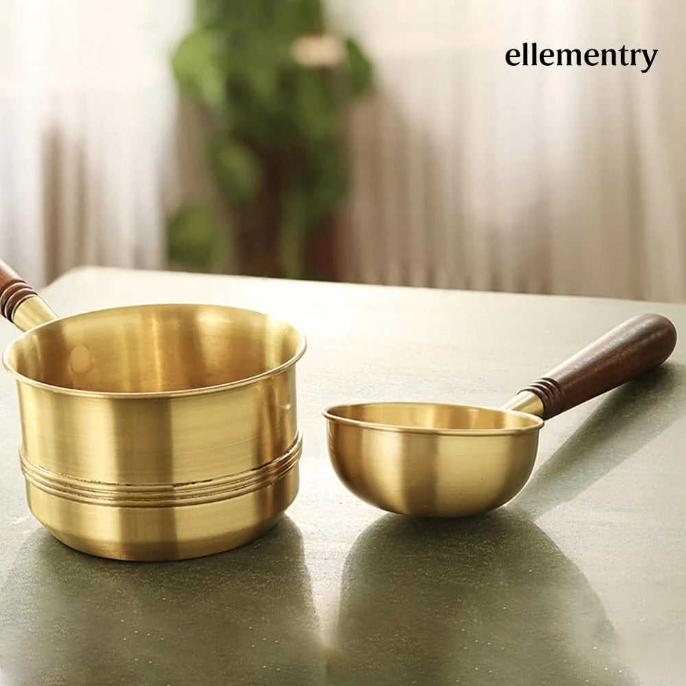 Ellementry Arra Brass Tea Pan 750ml with Wooden Handle Induction Sauce Pan Chai Milk Pot