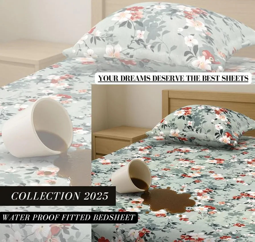 Homekart Waterproof Fitted Bedsheet for King Leakproof Elastic Bed Sheet with 2 Pillow Covers Breathable Grey & White