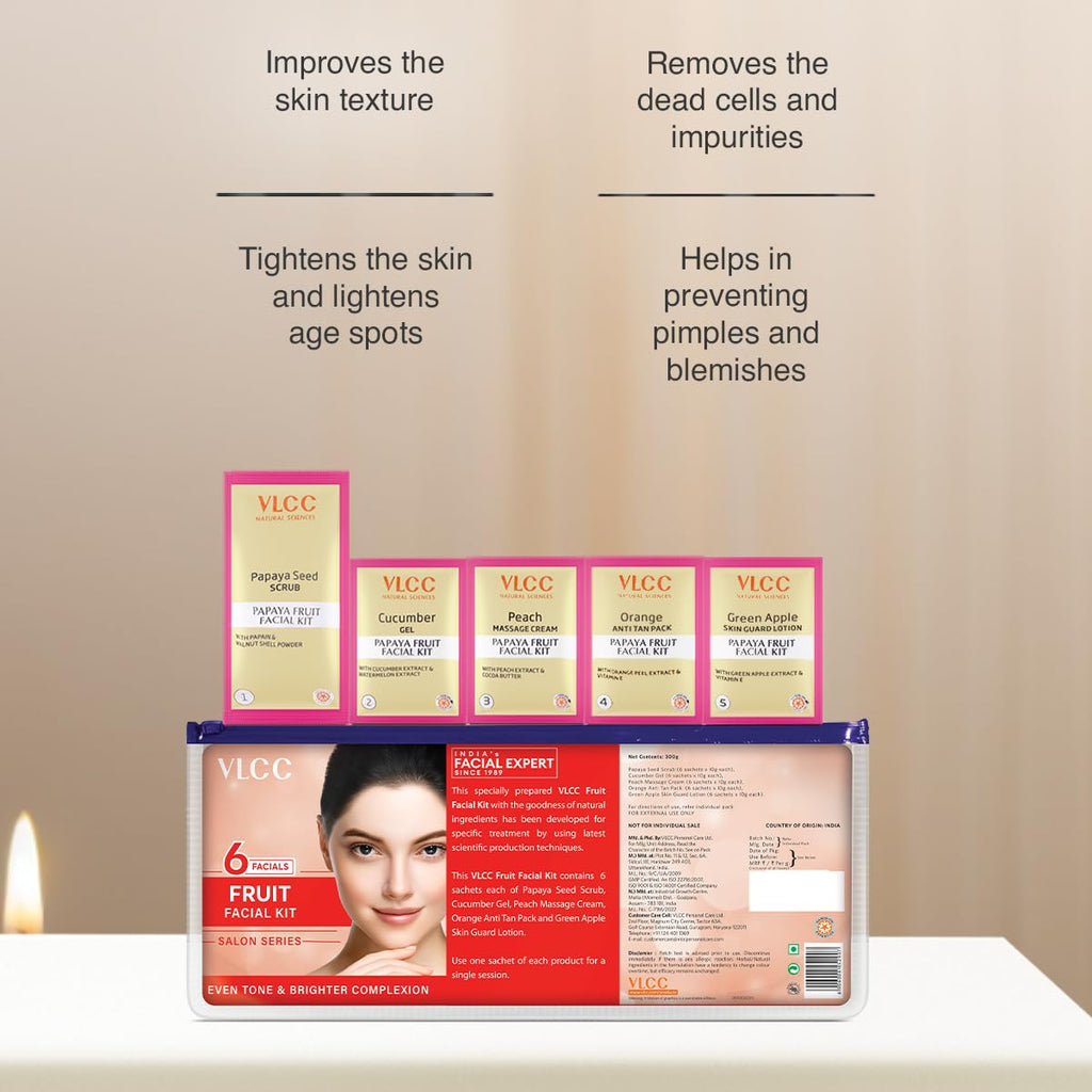 VLCC Salon Series Fruit Facial Kit - ( 6 Facials ) - 300 g | At Home Fruit Facial | Tightens Skin, Lightens Dark Spots & Brightens Skin Tone | Papaya, Cucumber, Peach, Orange & Green Apple.