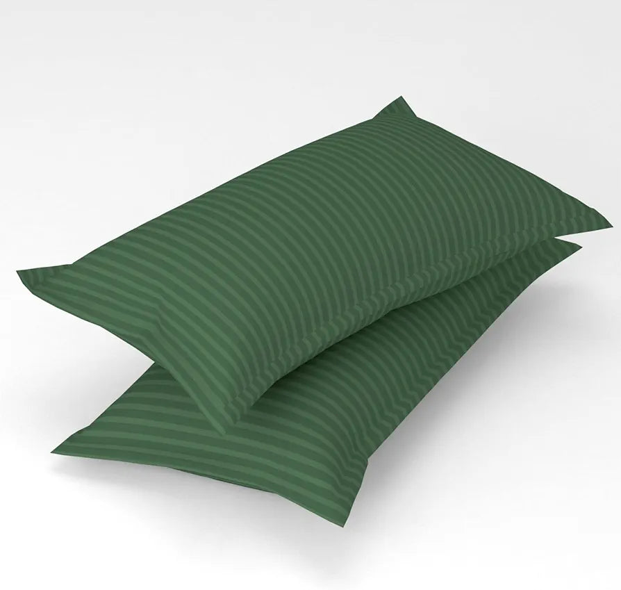 Homefab India 160 TC Stripe Cotton Feel Glace Cotton Elastic Fitted King Size Double Bed Bedsheet with 2 Pillow Covers Fits Upto 6 inches Mattress Dark Green