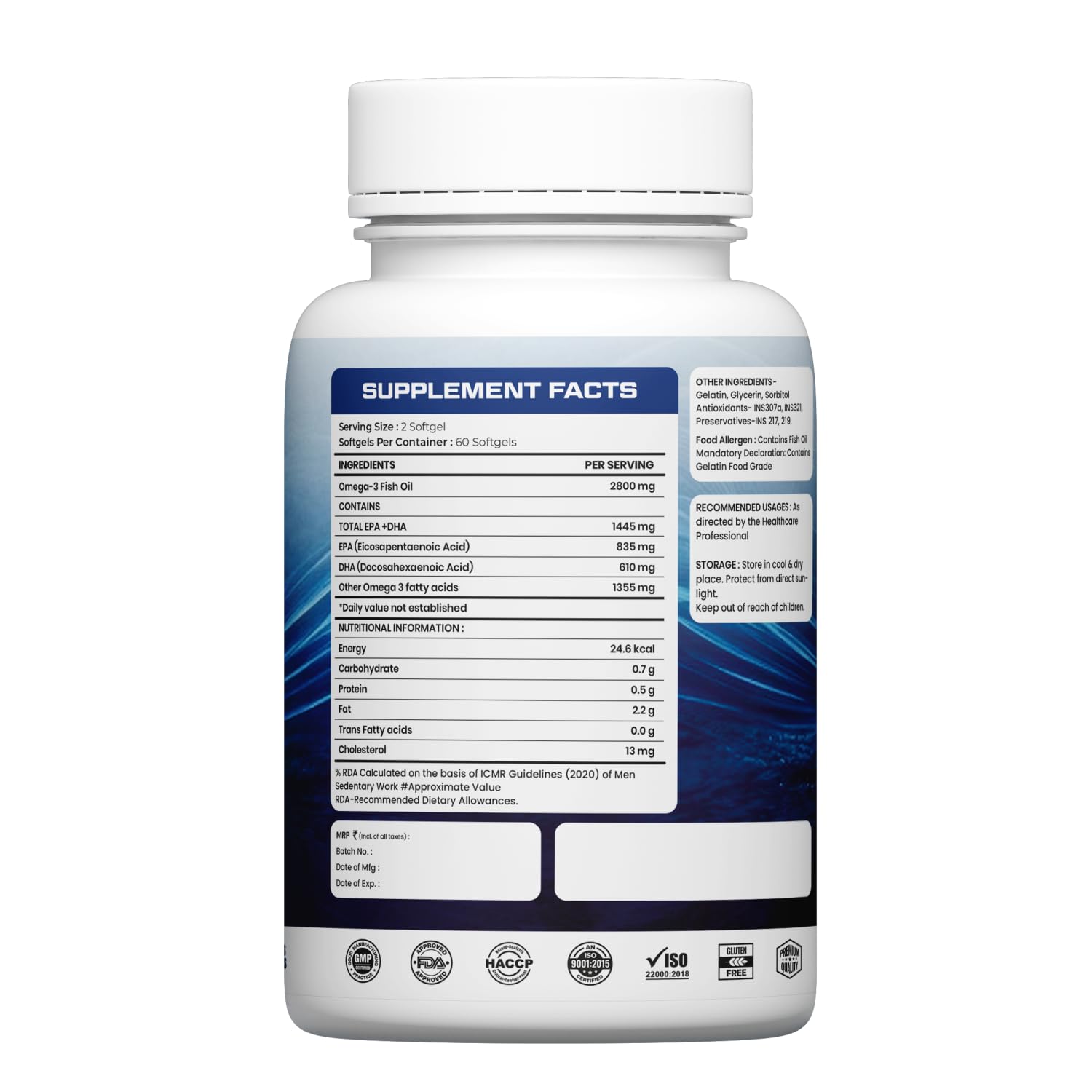 Growfitz Omega 3 Fish Oil (60 Softgels) | 2800 Mg | 10X Strength for Men & Women | No Fishy Burps | Supports Heart, Brain, Joints, Skin | With EPA+, Vitamin D3 & Vitamin E | Omega3 Fishoil Supplement