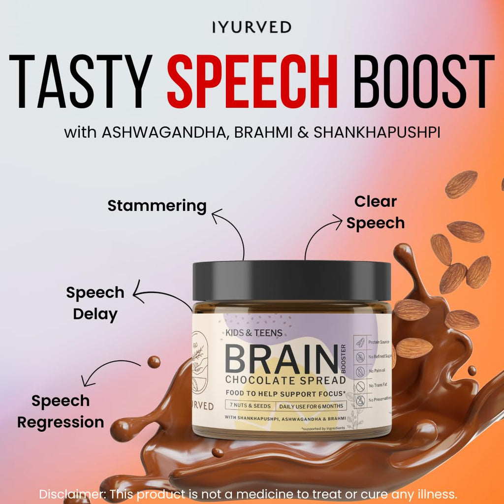 Good for Speech delay, Eye Contact, Concentration, Memory, Focus : Iyurved Kids and Teens Brain Booster Chocolate Spread | Shankhapushpi | Ashwagandha | Brahmi | (340gm)