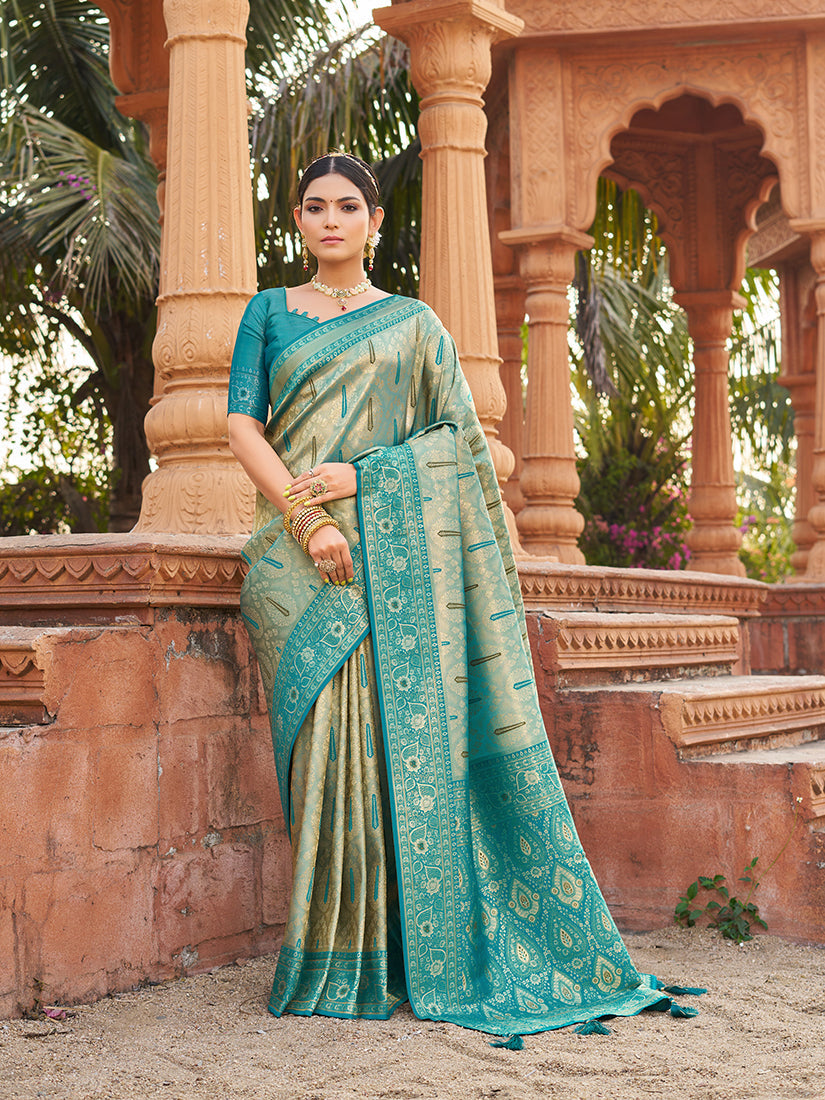 Monjolika Fashion Women's Turquoise Soft Banarasi Silk Blend Zari Woven Saree With Blouse