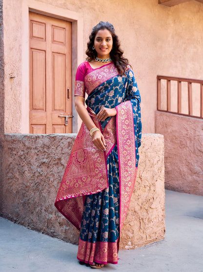 Monjolika Fashion Navy Blue Soft Banarasi Silk Blend Zari Woven Saree With Blouse